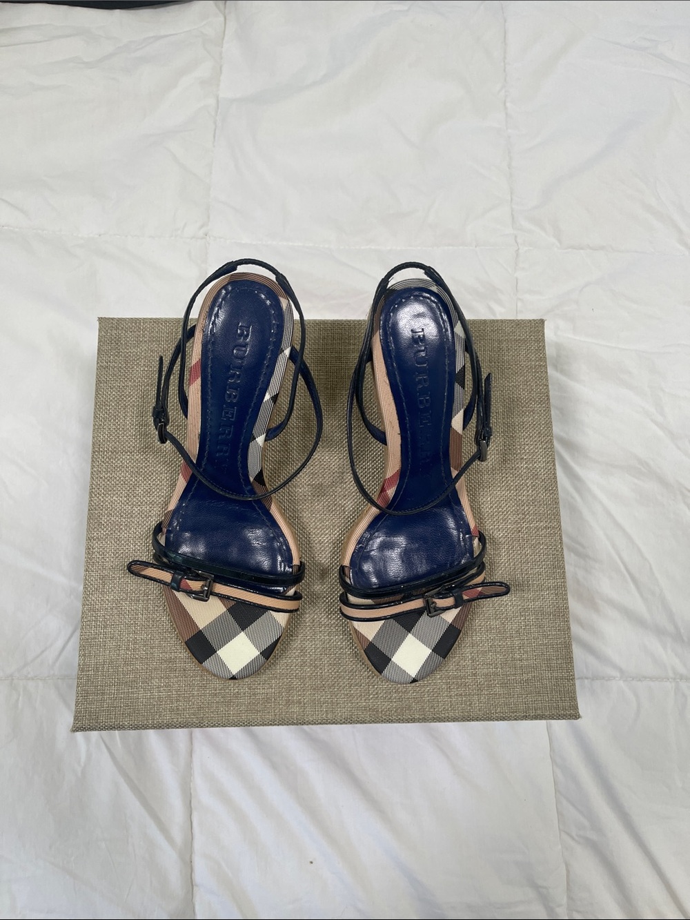 Burberry Navy Leather & Check Pattern Slingback Sandals